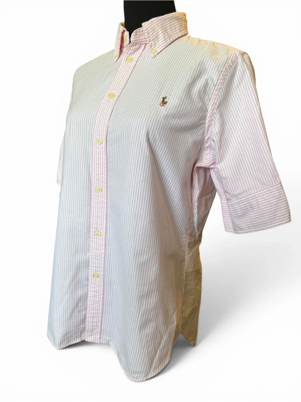 Ralph Lauren Women’s Large Pink White Striped Oxford Button Down Short Sleeve - Picture 3 of 10